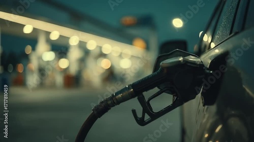 An electric car being charged at a station at night, plugged into the side of the vehicle.
