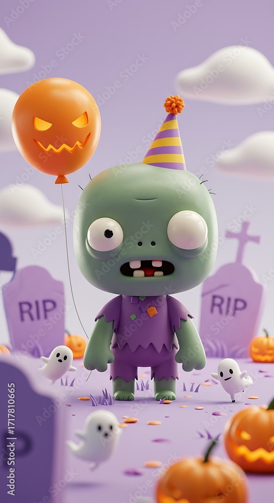 Fototapeta premium Cute Cartoon Zombie with Halloween Party Background