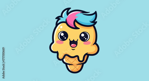 Cute cartoon ice cream cone with adorable smiling face and colorful hair.