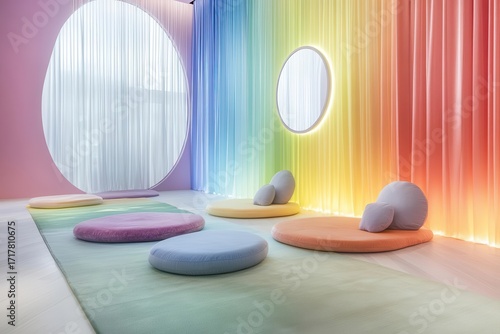 discover A Vibrant Interior with Circular Accents And Rainbow Curtain Theme