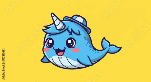 Cute cartoon narwhal with a hat smiling happily.
