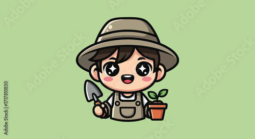 Cute Cartoon Gardener Boy with Plant and Trowel.
