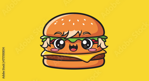 Cute Cartoon Burger Character with Big Eyes and Happy Expression.