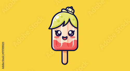 Cute kawaii girl popsicle character with green hair.