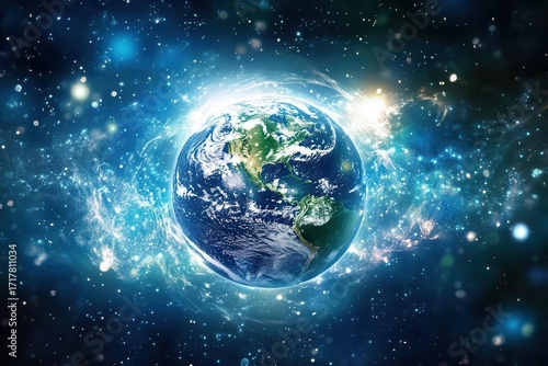 Earth floats in Outer Space with Glowing effect and Celestial bodies