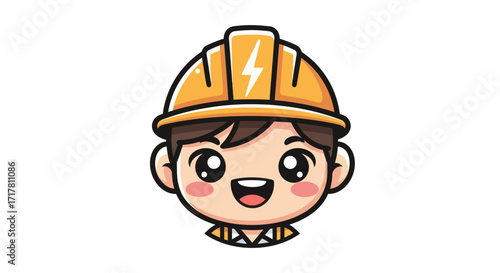 Cheerful cartoon electrician wearing a safety helmet with a lightning bolt.