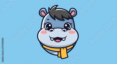 Adorable Cartoon Baby Hippopotamus Wearing Scarf.