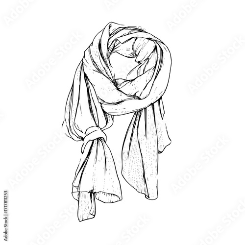 Elegant draped scarf sketch with detailed fabric folds and a stylish knot design element for fashion
