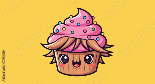 Cute Cartoon Cupcake with Pink Frosting and Hair.
