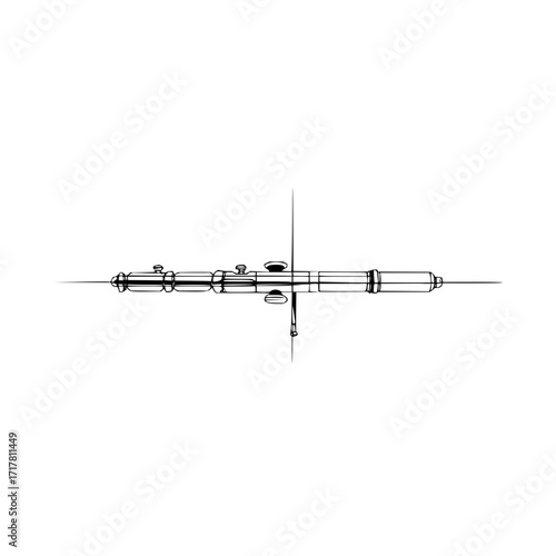 Detailed line art drawing of a flute with keys and intricate details showcasing musical instrument design and craftsmanship