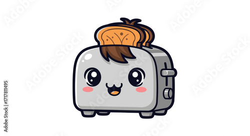 Cute kawaii toaster character with toast hair cartoon illustration.