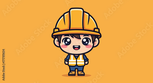 Cute cartoon construction worker boy character illustration.