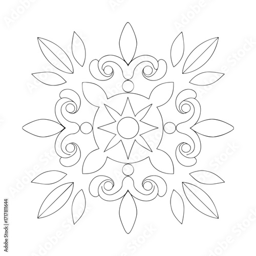 Ornate symmetrical floral mandala outline with a central star, a decorative vector graphic for coloring.