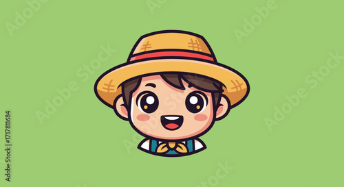 Cute cartoon boy wearing a straw hat and a bow tie.