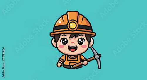 Cartoon Miner with Pickaxe and Helmet Illustration on Blue Background.