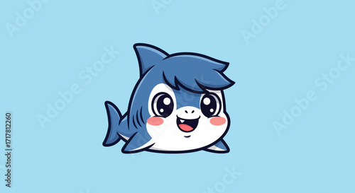 Adorable cartoon shark smiling happily with big eyes and fins.