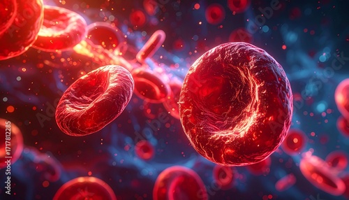 Abstract Red Blood Cells with Glow on Dark Blue Background