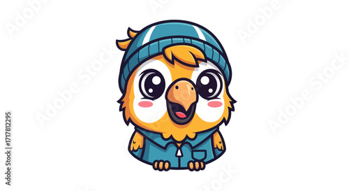 Cute cartoon bird character wearing a blue beanie and jacket.