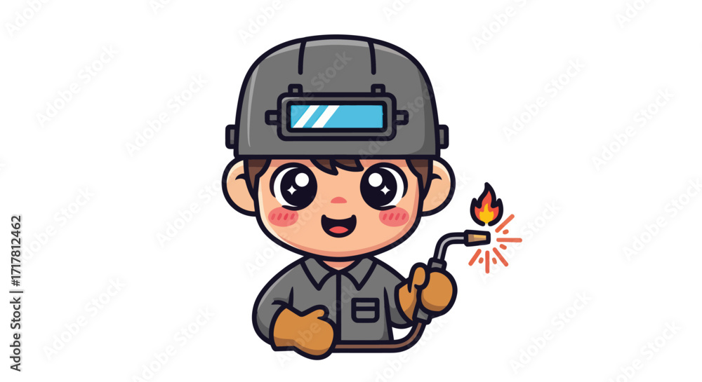 Fototapeta premium Cute cartoon welder boy wearing a protective helmet and holding a torch.