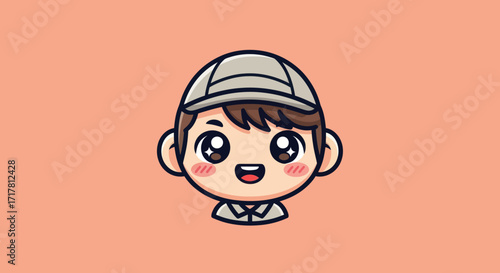 Cheerful cartoon boy wearing a cap smiling with joy and happiness.