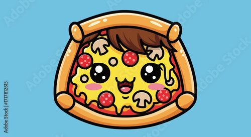 Cute kawaii pizza character with a happy smiling face.