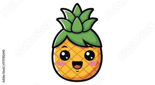 Cute cartoon pineapple smiling with big eyes and happy expression.