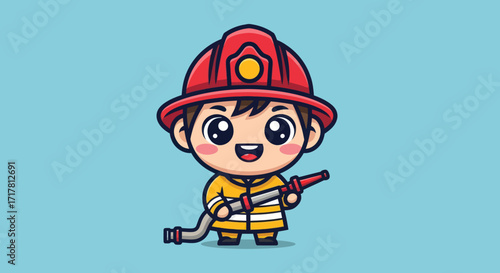 Cute cartoon firefighter holding a fire hose.