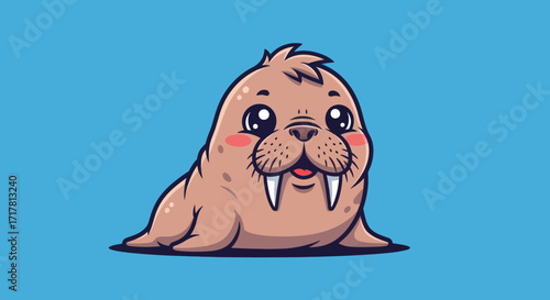 Cute cartoon walrus smiling with big eyes and tusks on blue background.