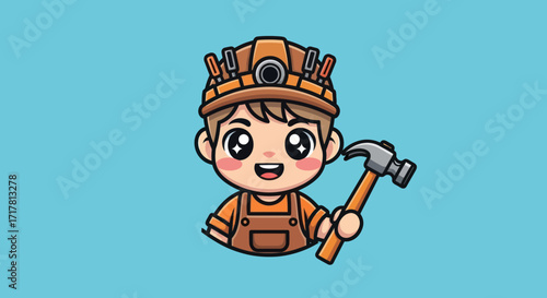 Cute Cartoon Construction Worker with Hammer and Hard Hat.
