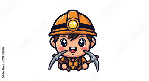 Cute cartoon miner with pickaxe.