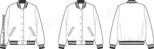 Varsity jacket fashion flat sketch, vector template with front and back view, bomber jacket mockup, unisex outerwear apparel design illustration