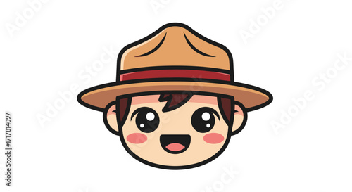 Cute cartoon ranger face with hat and happy expression smiling widely.