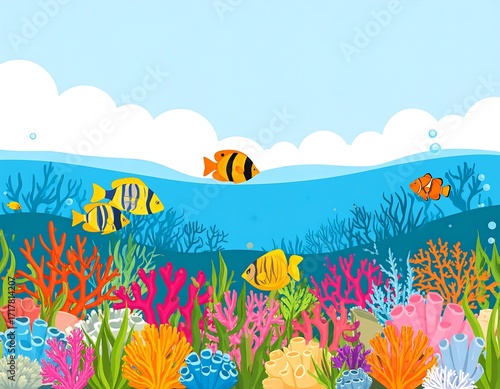 Colorful underwater scene with fishes and corals