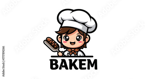 Cute cartoon chef holding a spatula with sausages logo design food illustration cartoon character kawaii style.