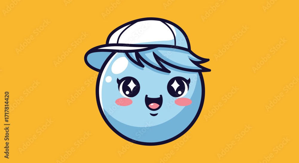 Obraz premium Cute Blue Cartoon Character with Cap and Kawaii Face.
