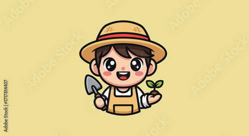Cheerful farmer holding a shovel and a seedling ready for planting in the garden.