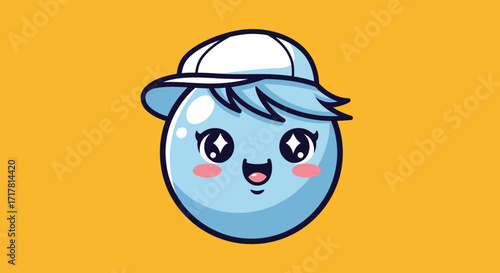Cute Blue Cartoon Character with Cap and Kawaii Face.