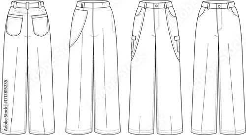 Wide leg cargo pants flat sketch, fashion technical drawing, vector template with front and back view, unisex casual trousers design illustration