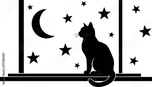 Cat Sitting on Window Ledge Looking at Moon and Stars | Black and White Vector Illustration of Night Sky Scene with Feline Silhouette | Dreamy, Calm, and Mystical Pet Artwork.