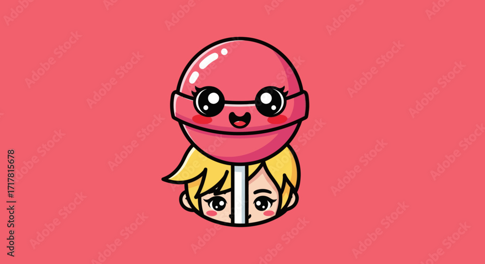 Fototapeta premium Cute cartoon character peeking from behind a large pink lollipop.