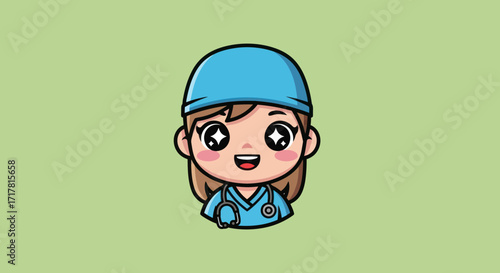 Cute Female Doctor or Nurse Cartoon Character with Stethoscope and Scrubs.