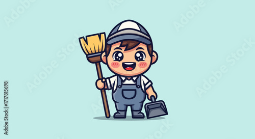 Cute Cartoon Cleaner Character Holding Broom and Dustpan.