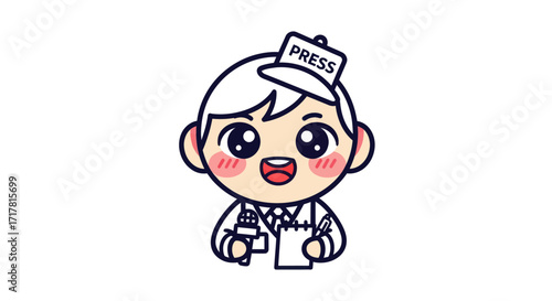 Cartoon journalist with notepad and microphone ready to report the news.