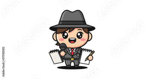 Cute cartoon journalist holding microphone and notepad ready for interview.
