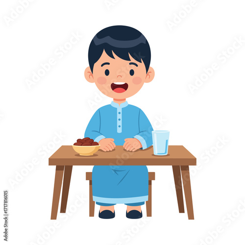 Little Muslim Boy Celebrating Ramadan Fasting Flatstyle Illustration