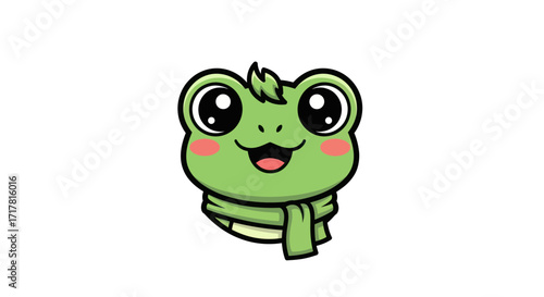 Cute cartoon green frog wearing a scarf smiling happily.