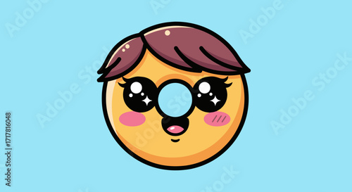 Cute Kawaii Donut Character with Adorable Face and Hair.