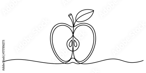 Minimalist continuous line drawing of a halved apple with leaf and stem vector