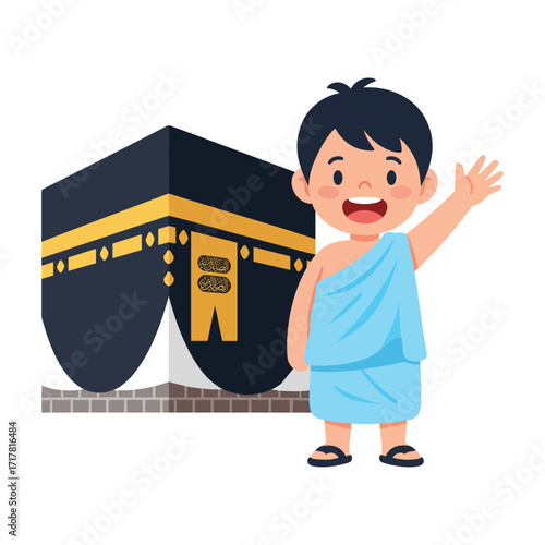 Little Muslim Boy Visiting Kaaba Hajj Flat Illustration