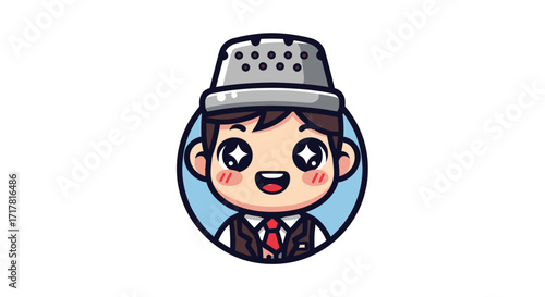 Cute cartoon boy wearing a colander as a funny hat.